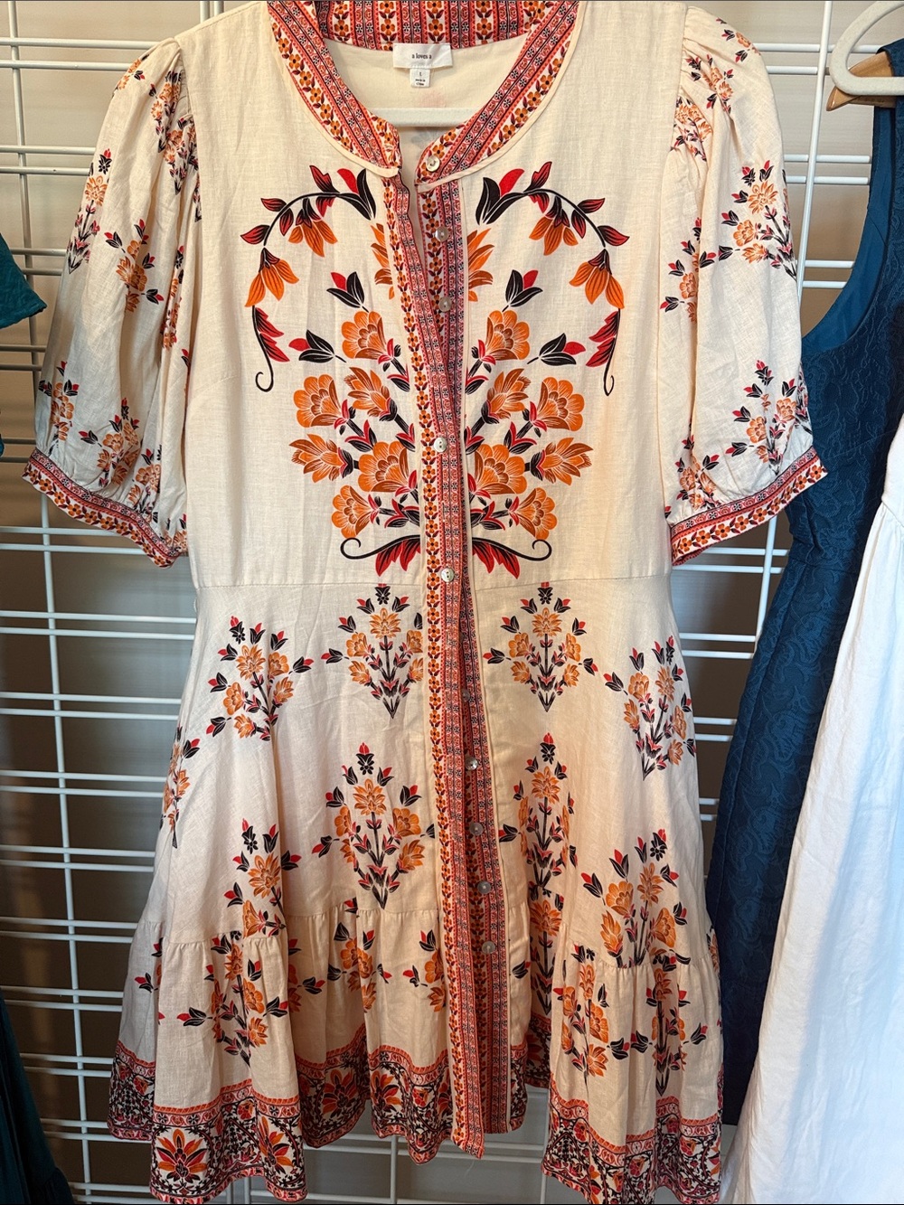 Embroidered Cream Mini Dress with Orange Floral Print